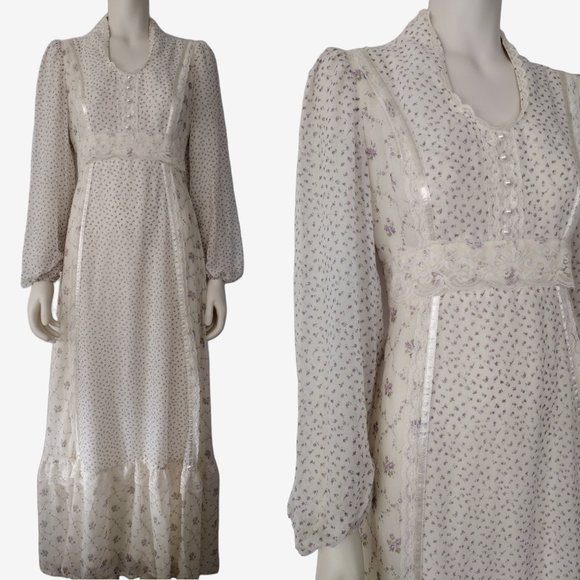 Vintage 1970s Gunne Style White Bishop Sleeve Floral Calico Print Maxi